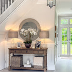 Three-drawer console table made from reclaimed, weathered pine