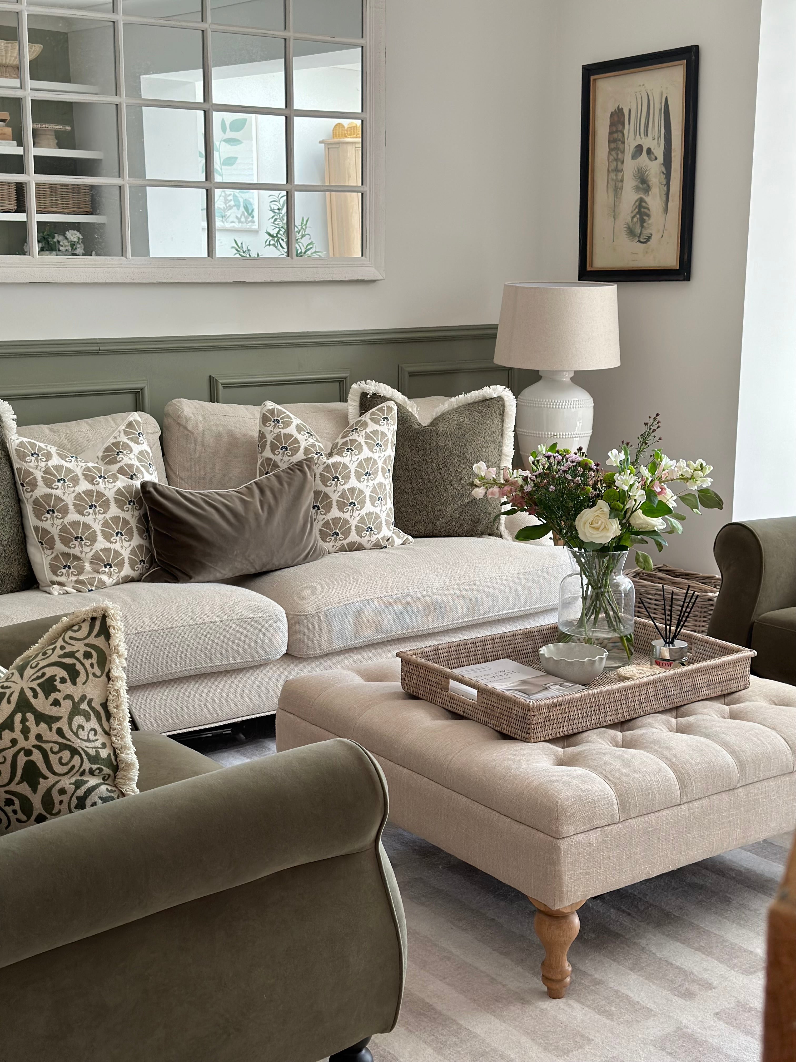 Lucia White Ceramic Table Lamp with beaded detailing and linen shade styled in living room