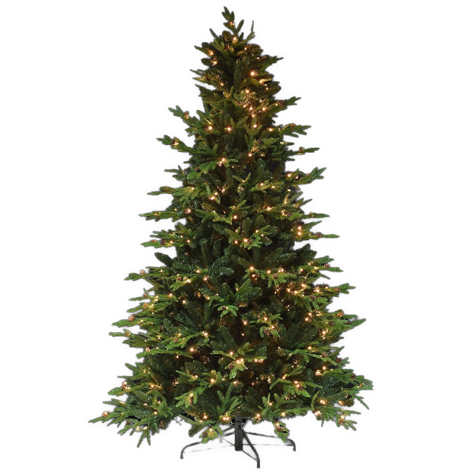 7.5FT LED Pre Lit Realistic Faux Christmas Tree with Pinecones decorated with warm white LED lights