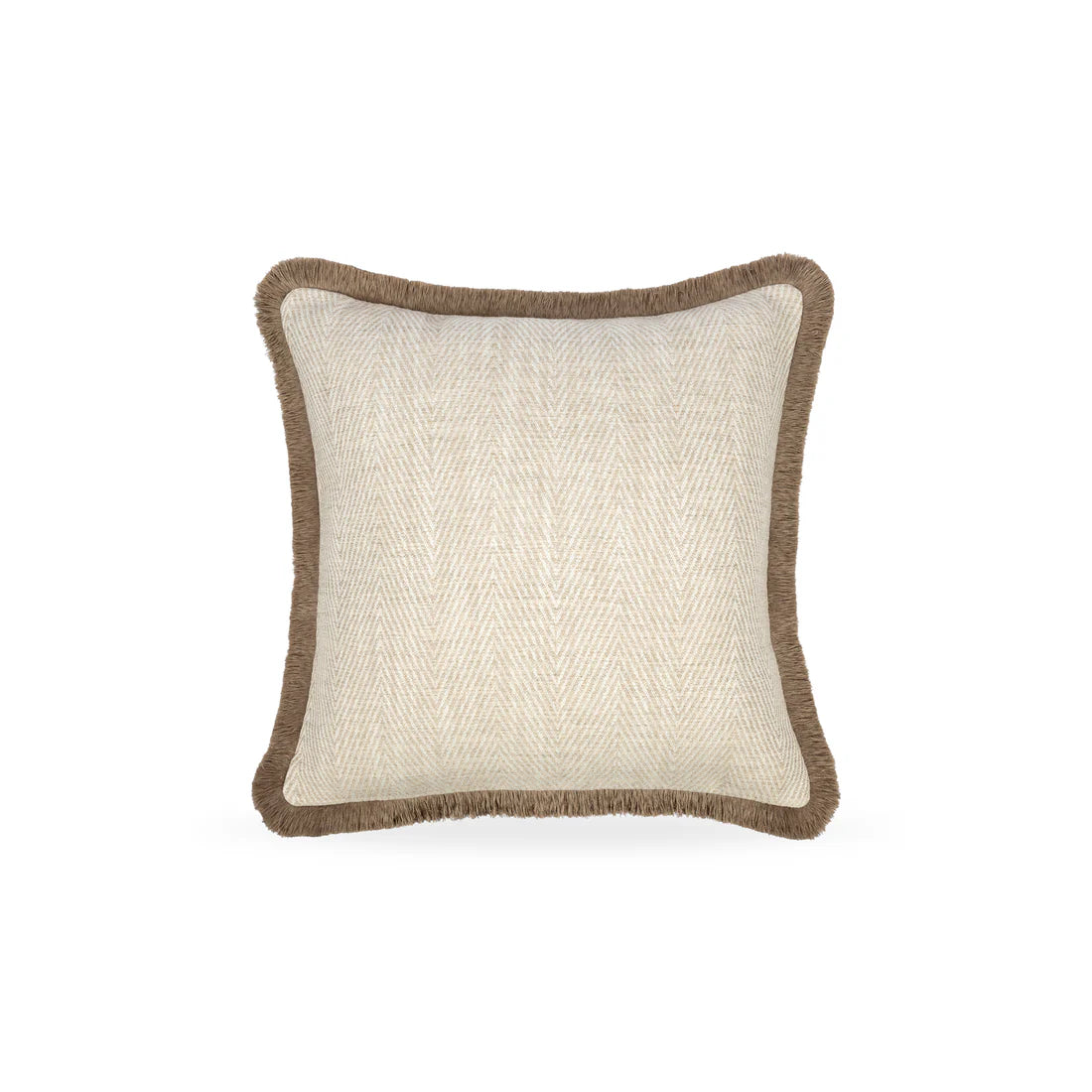 A beautiful herringbone pattern cushion in beige
featuring a luxury mushroom coloured fringe detail to the edges.
This stunning linen cushion adds a touch of sophistication to any room. 
 
Dimensions
50cm x 50cm
Handwash Only
Includes feather inner