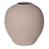 A large round beige vase filled with a narrow opening