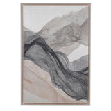 Abstract flowing line wall art in earthy tones with textured finish, framed in a floating wooden frame
