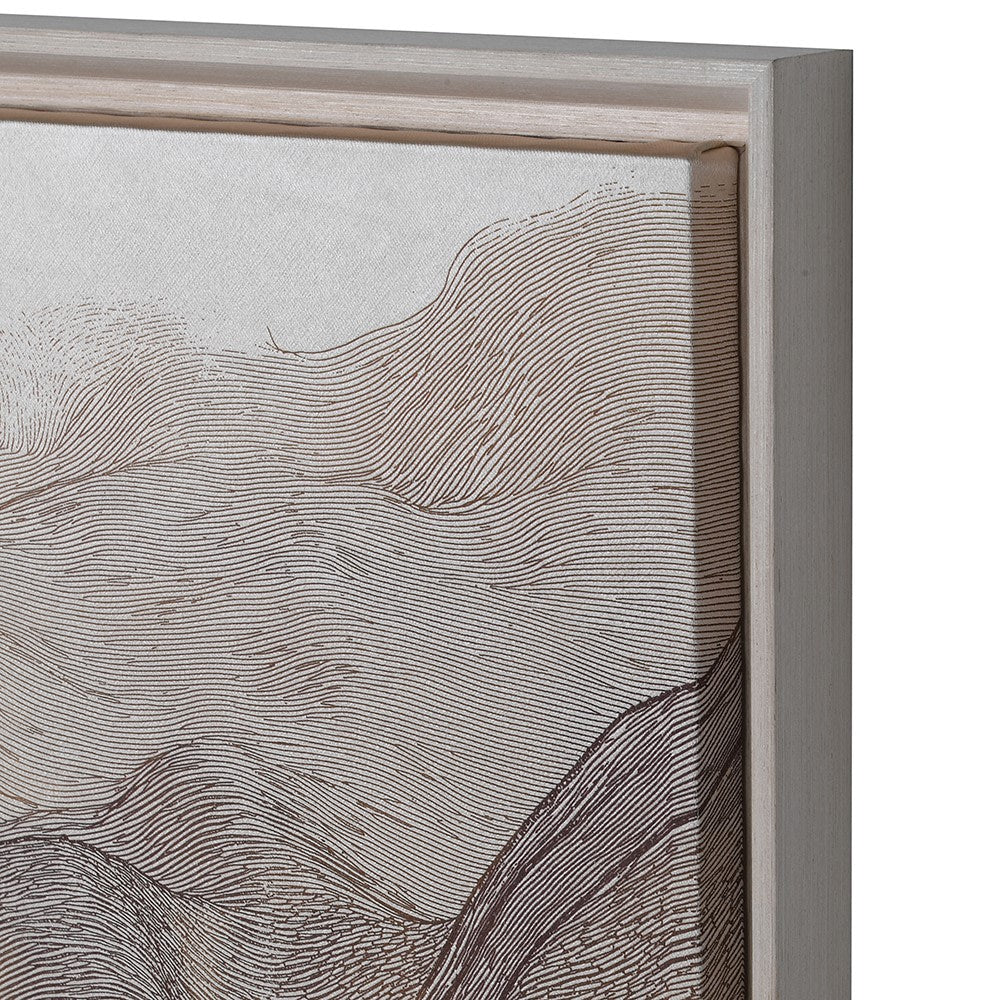 Abstract flowing line wall art in earthy tones with textured finish, framed in a floating wooden frame
