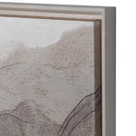Abstract flowing line wall art in earthy tones with textured finish, framed in a floating wooden frame