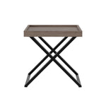 Alnwick Rectangular end table in aged oak and oak veneer, crossed black metal legs, visible grain 60W x 45D x 60H…