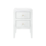 White bedside table in birch wood and mdf, featuring tapered legs, cut lines, wooden runners on drawers and brass style handles
 Dimensions:
W 40 × D 40 × H 60 cm