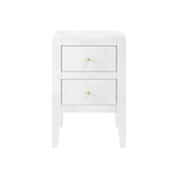 White bedside table in birch wood and mdf, featuring tapered legs, cut lines, wooden runners on drawers and brass style handles
 Dimensions:
W 40 × D 40 × H 60 cm