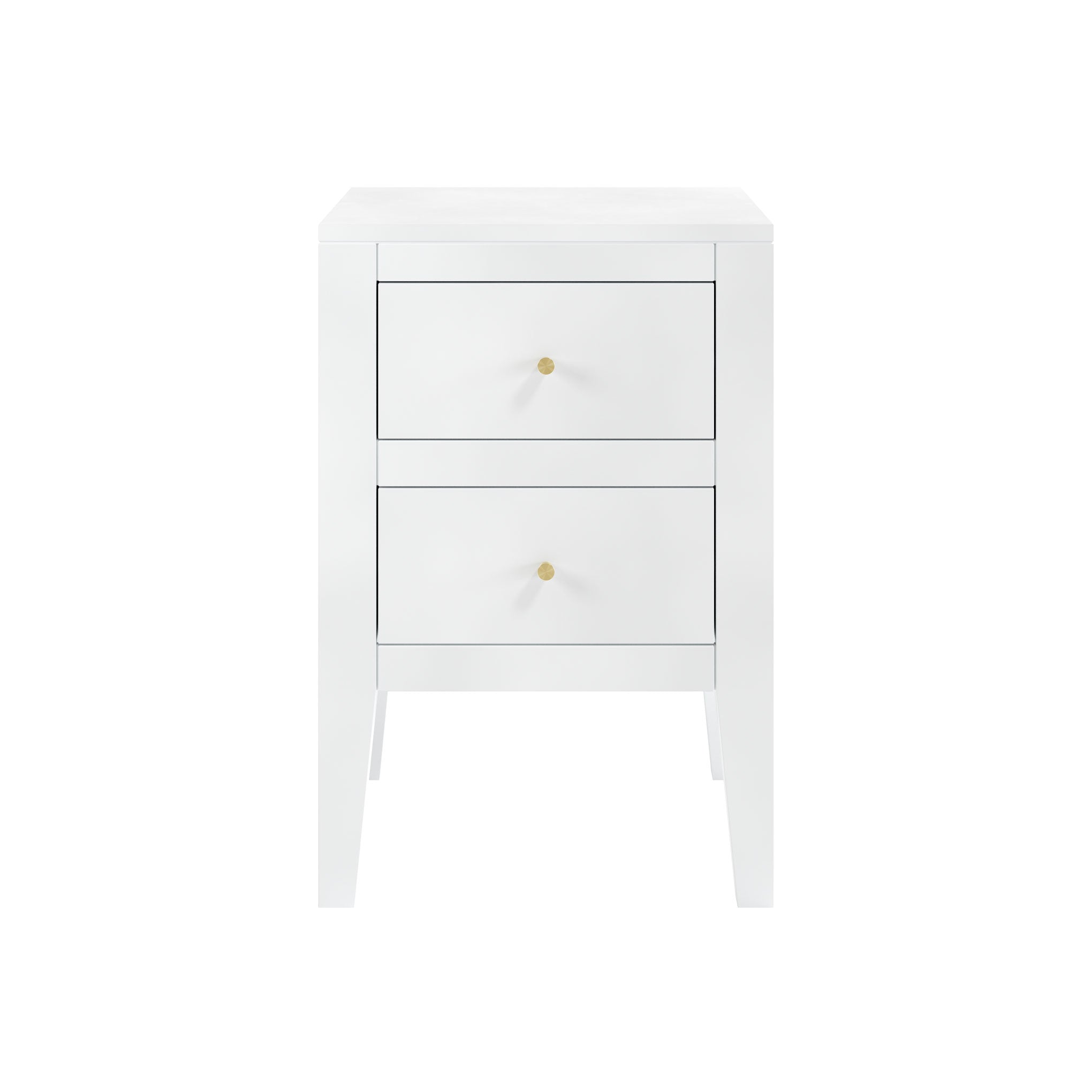 White bedside table in birch wood and mdf, featuring tapered legs, cut lines, wooden runners on drawers and brass style handles
 Dimensions:
W 40 × D 40 × H 60 cm