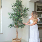 Woman in a white dress standing next to a potted olive tree indoors.