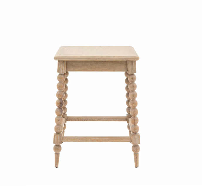 Front view of Antoine Side Table with bobbin legs and square oak top