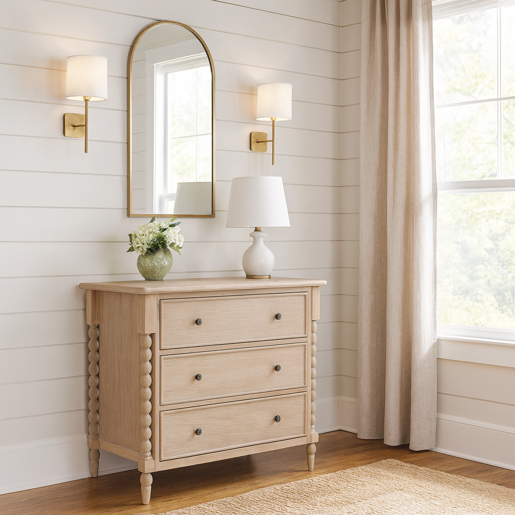 Bright bedroom corner with a light wood three-drawer chest featuring spindle legs, placed against white shiplap wall paneling. Above the chest hangs an arched gold-framed mirror, flanked by two wall sconces with white shades. A white ceramic table lamp and a small vase of flowers sit on top, while beige linen curtains frame a large window letting in natural light.