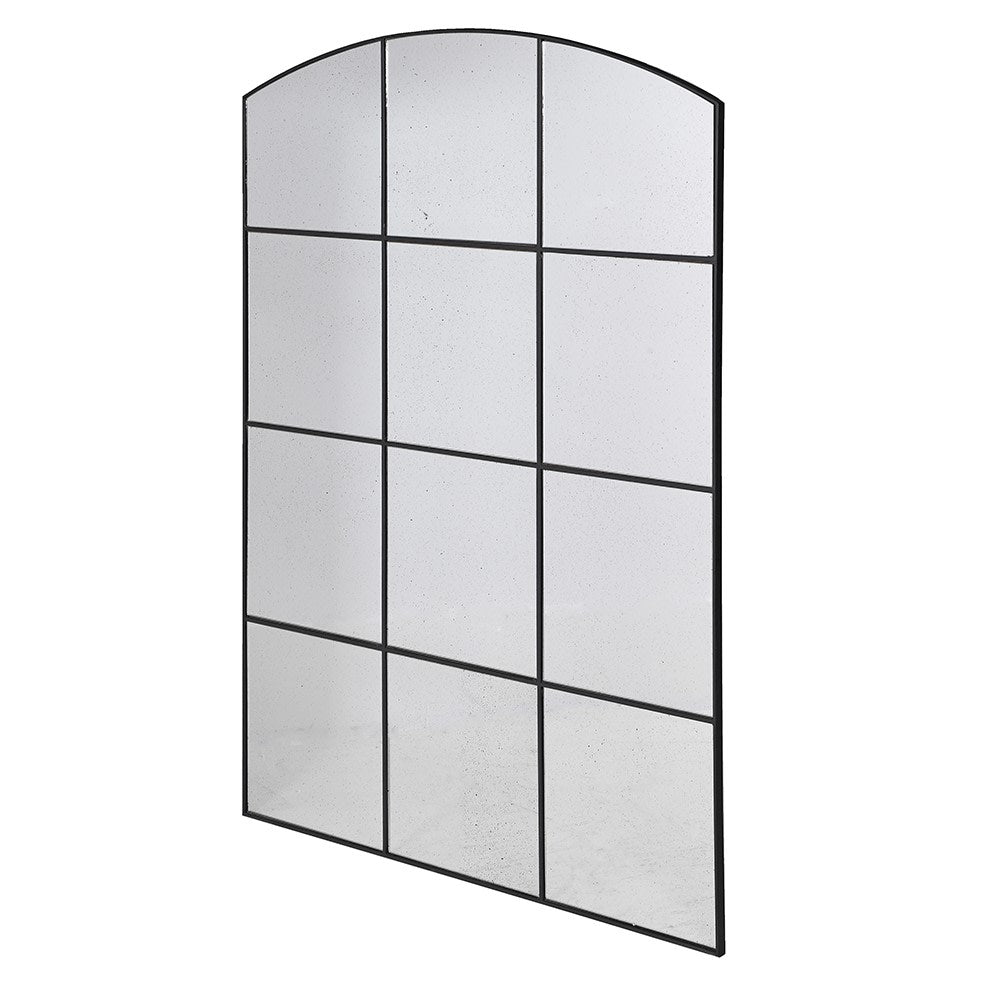Arched Grid Antique Mirror with black metal frame and windowpane design.