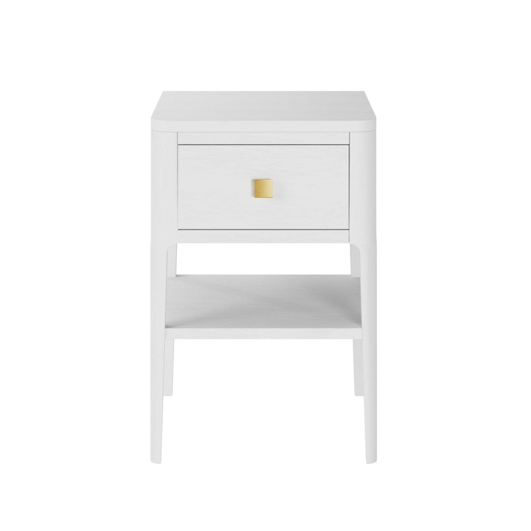 A white bedside table with a drawer and a gold-colored handle, featuring curved legs and a shelf below.