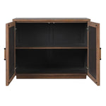 Wooden cabinet with open doors on a white background