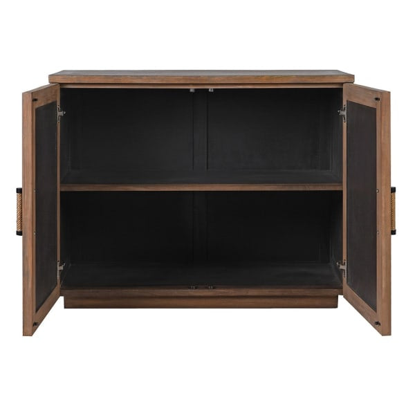 Wooden cabinet with open doors on a white background