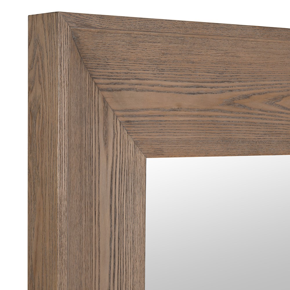 Rectangular wall mirror with wide ash wood effect frame close up