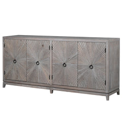 Aura Pine Four Door Sideboard with carved sunburst doors and black ring handles in weathered grey pine finish