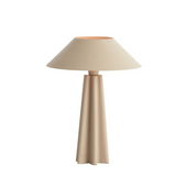 Beige table lamp with a cylindrical base and conical shade on a white background