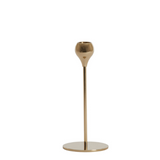 Gold metal candlestick holder with a sleek round base and modern design.