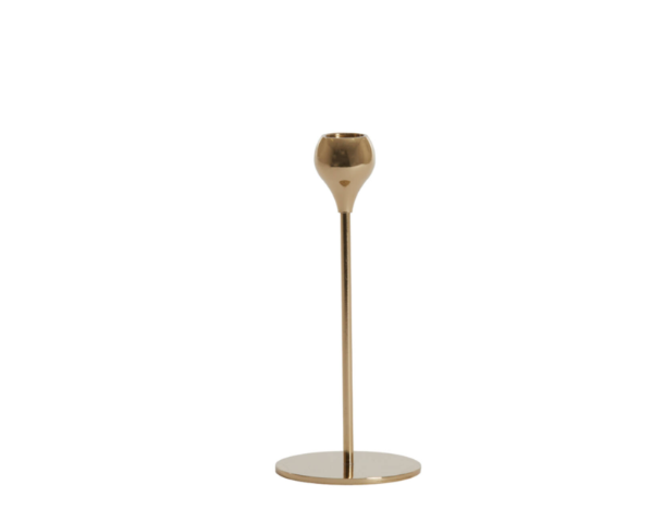 Gold metal candlestick holder with a sleek round base and modern design.