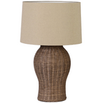 A large lamp that is crafted from stunning natural rattan complete with linen shade.