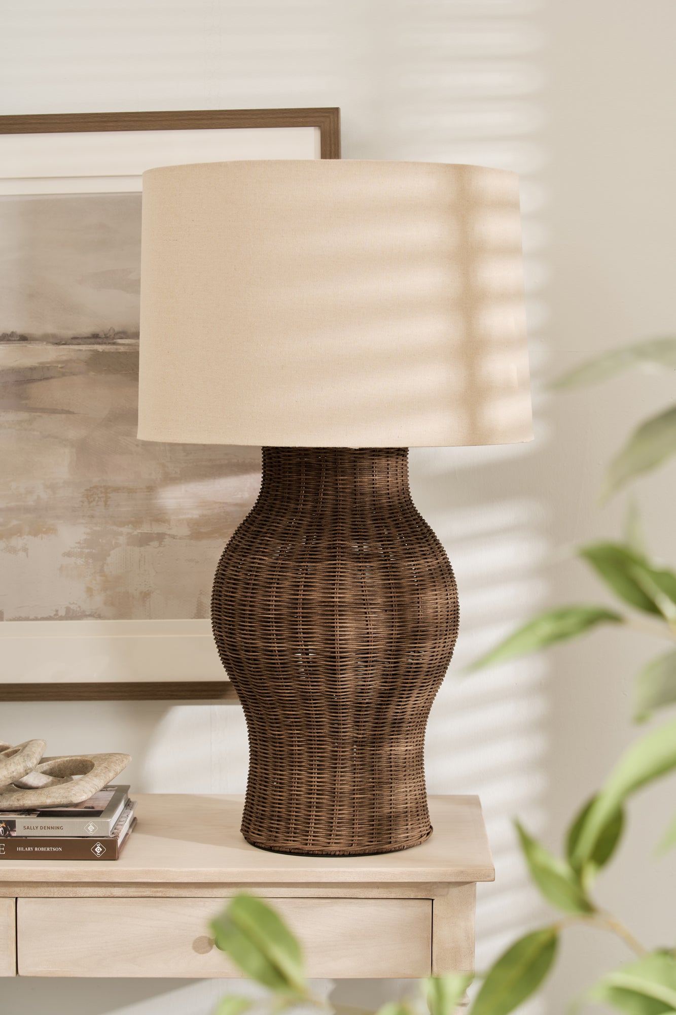 Coastal style rattan lamp with natural linen shade