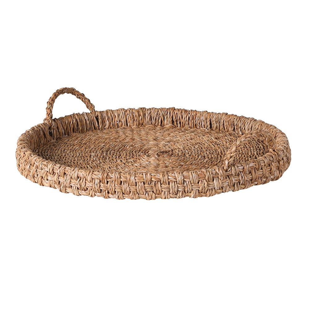 Bali seagrass round serving tray with woven handles