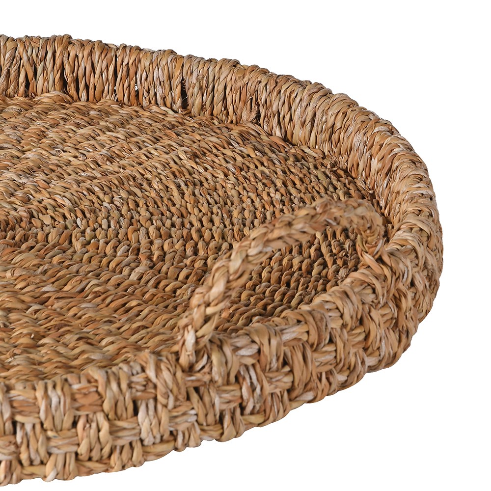 Bali seagrass round serving tray with woven handles close up