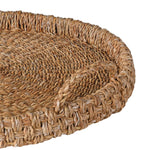Bali seagrass round serving tray with woven handles close up