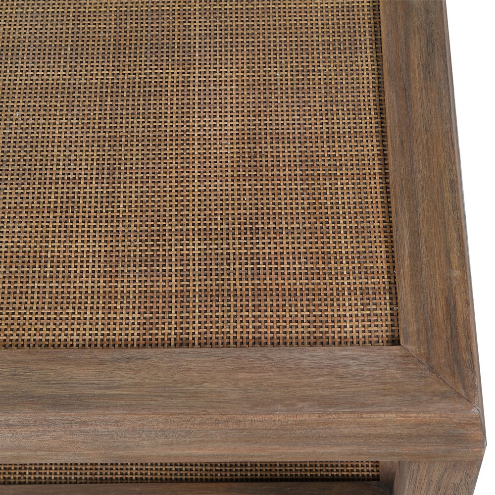 Close-up of woven rattan shelf on bayur wood coffee table