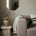 Grey sofa with a striped blanket and pillow, next to a small table with a vase and branches.