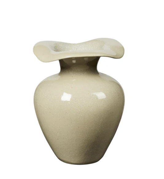 Beige glazed stoneware vase with flared rim and sculptural design, perfect for modern home decor