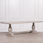 Blanche Mango Wood Dining Table with light grey rustic wash and hand-carved pedestal base