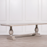 Blanche Mango Wood Dining Table with light grey rustic wash and hand-carved pedestal base