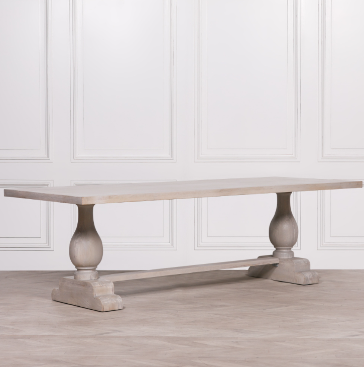 Blanche Mango Wood Dining Table with light grey rustic wash and hand-carved pedestal base