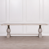 Blanche Mango Wood Dining Table with light grey rustic wash and hand-carved pedestal base