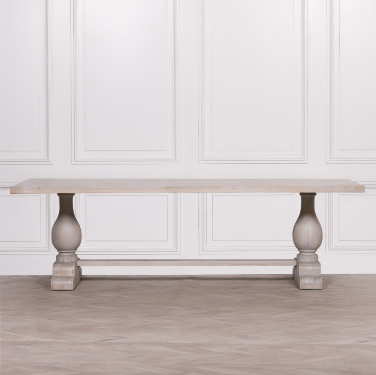 Blanche Mango Wood Dining Table with light grey rustic wash and hand-carved pedestal base