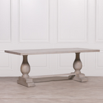Blanche Mango Wood Dining Table with light grey rustic wash and hand-carved pedestal base