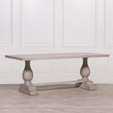 Blanche Mango Wood Dining Table with light grey rustic wash and hand-carved pedestal base