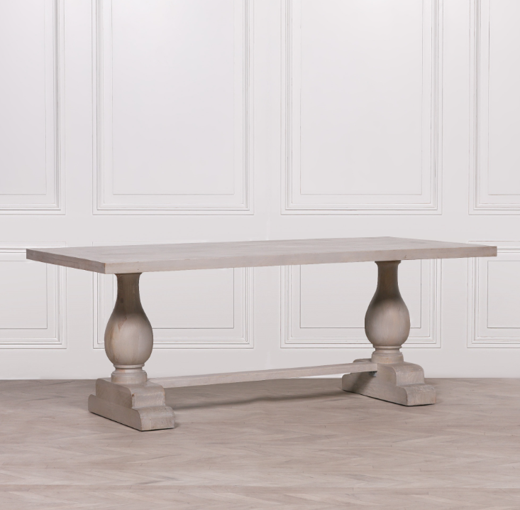 Blanche Mango Wood Dining Table with light grey rustic wash and hand-carved pedestal base