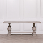 Blanche Mango Wood Dining Table with light grey rustic wash and hand-carved pedestal base