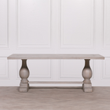 Blanche Mango Wood Dining Table with light grey rustic wash and hand-carved pedestal base