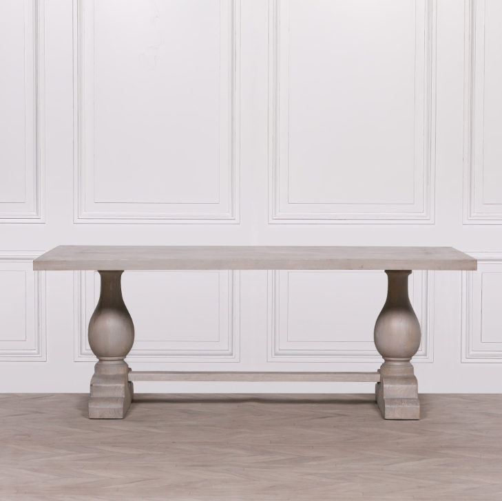 Blanche Mango Wood Dining Table with light grey rustic wash and hand-carved pedestal base
