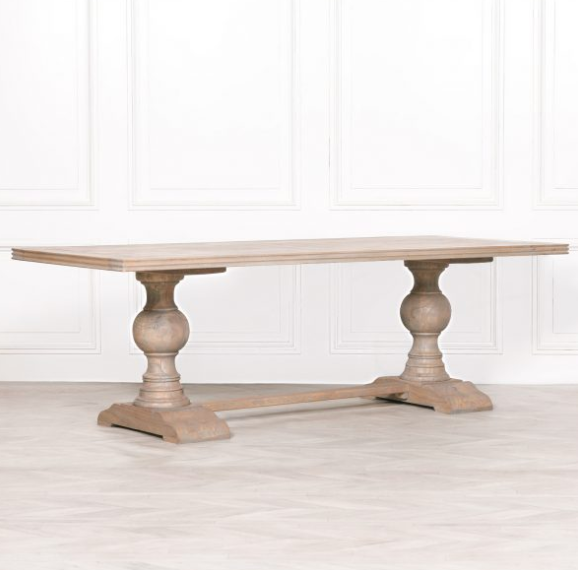 Bordeaux Mango Wood Dining Table with rustic natural finish and hand-carved pedestal base
