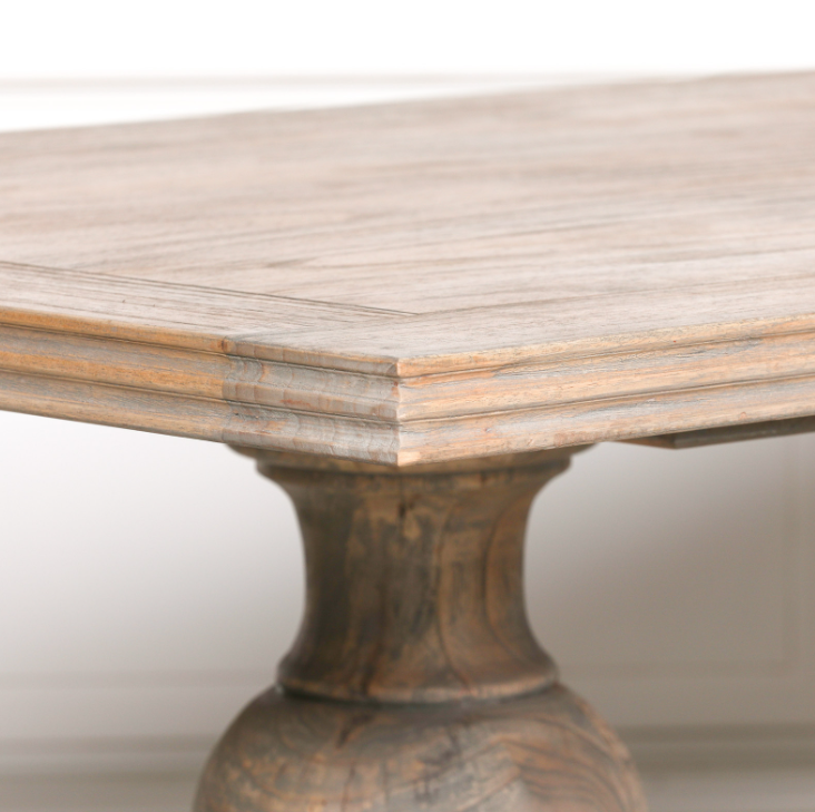 Bordeaux Mango Wood Dining Table with rustic natural finish and hand-carved pedestal base