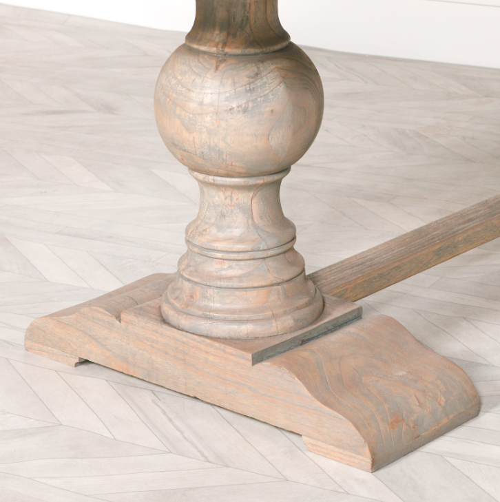 Bordeaux Mango Wood Dining Table with rustic natural finish and hand-carved pedestal base