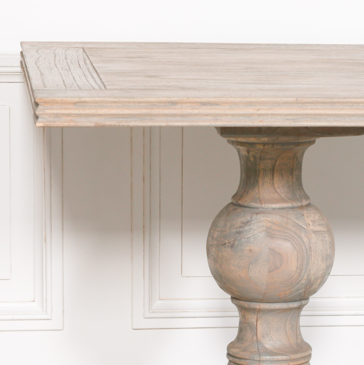 Bordeaux Mango Wood Dining Table with rustic natural finish and hand-carved pedestal base