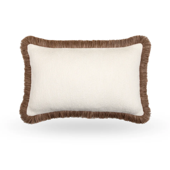Add texture and warmth to your space with our luxurious bouclé oblong cushion, measuring 30cm x 50cm. This plush decorative pillow features a soft, nubby bouclé fabric in a creamy neutral tone, perfectly complemented by a rich multi tonal fringe that adds a refined, earthy touch. Ideal for accenting armchairs, sofas, or bedding, this cushion delivers both comfort and timeless style. Whether your décor leans modern, rustic, or classic, this versatile piece enhances any interior with cosy sophistication.
