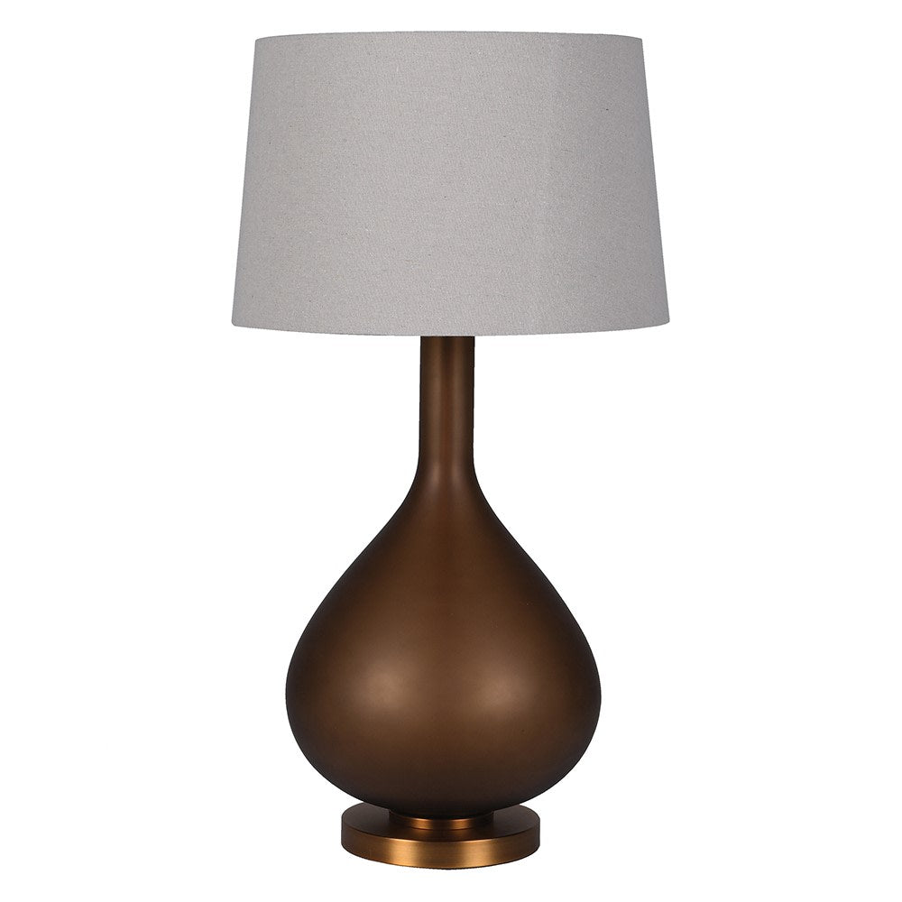 Bronze glass table lamp with teardrop base and neutral linen shade