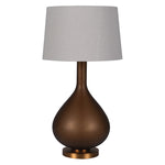 Bronze glass table lamp with teardrop base and neutral linen shade